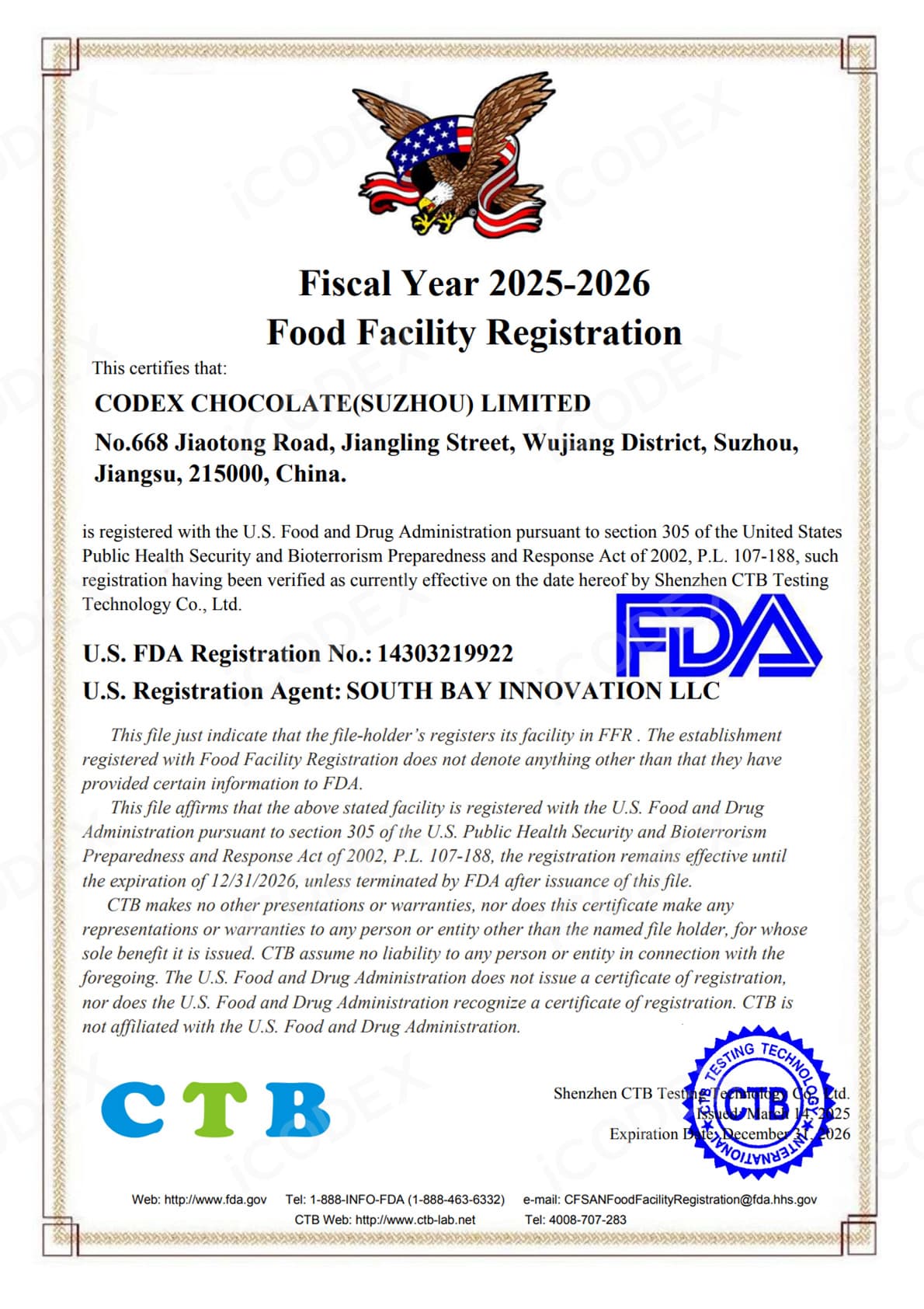FDA Food Facility Registration